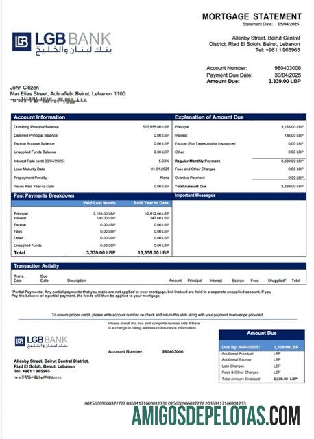 em branco Modelo Word e PDF de declaração de hipoteca do Banco do Líbano e do Golfo